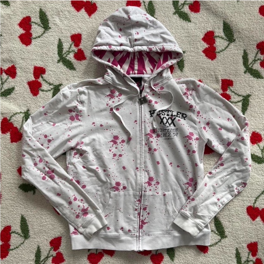Hustler Hollywood White and Pink Splatter Hoodie